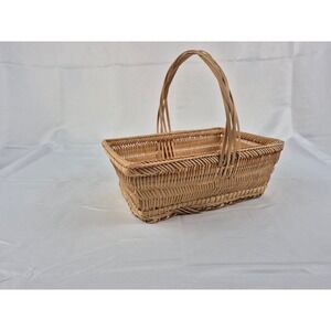 Vintage Woven Wicker Gathering Basket Rectangular Bamboo Rattan Garden Handle